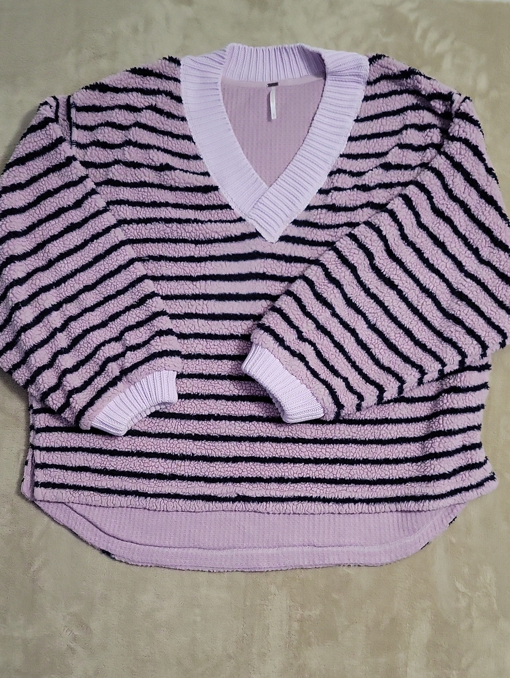 Free People Lavender and Black Striped V-Neck Pullover
